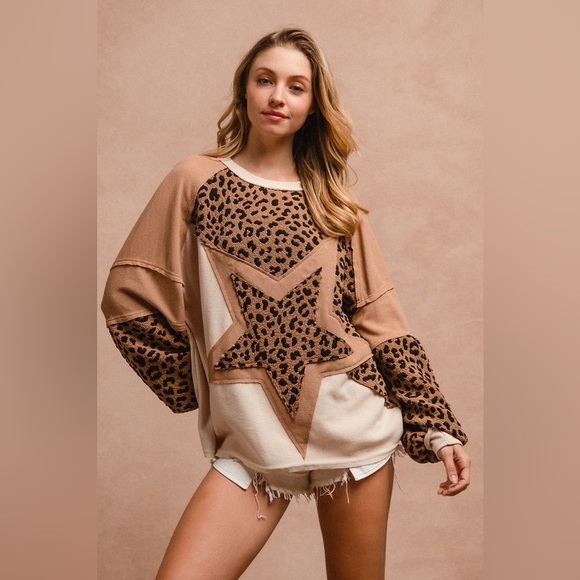 Taupe Animal Patchwork Print Dolman V Neck Top main image 0
